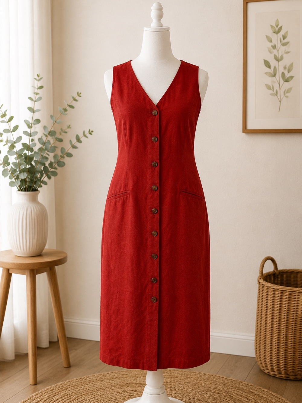 Vintage Hunt Club Sleeveless Scarlet Button-Front Midi Dress